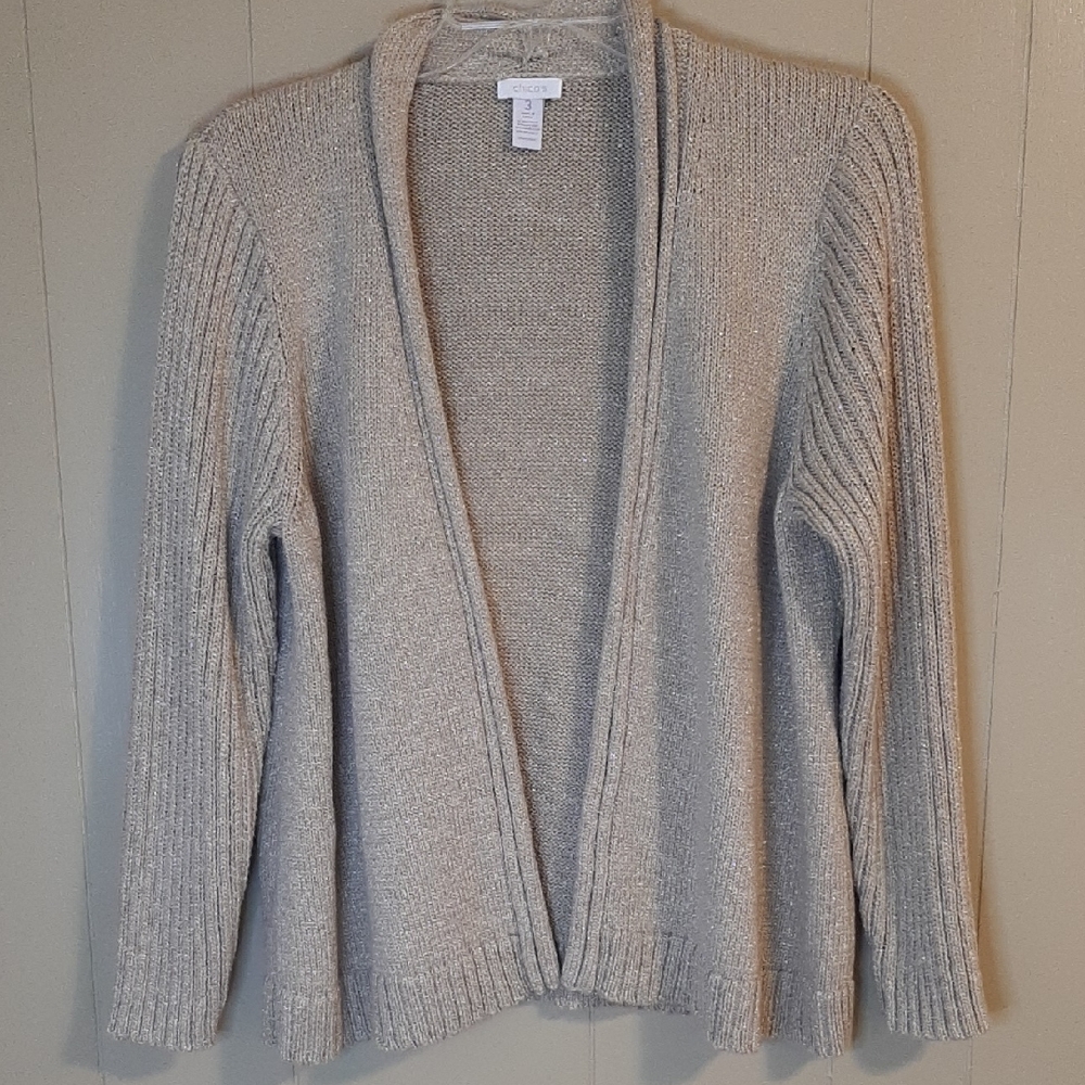 Chico's Women's XXL Open Front Cardigan Tan With Gold Shimmer Knit